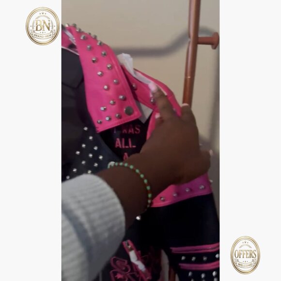 Faux Leather Moto Jacket with Studded Rivets, Belted Hip-Length Streetwear - Picture 7 of 7